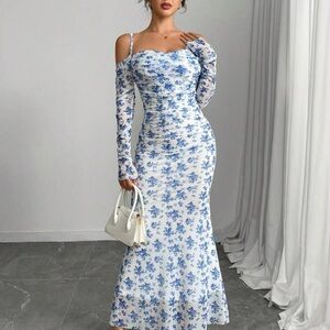 Elegant Blue Floral Women's Dress